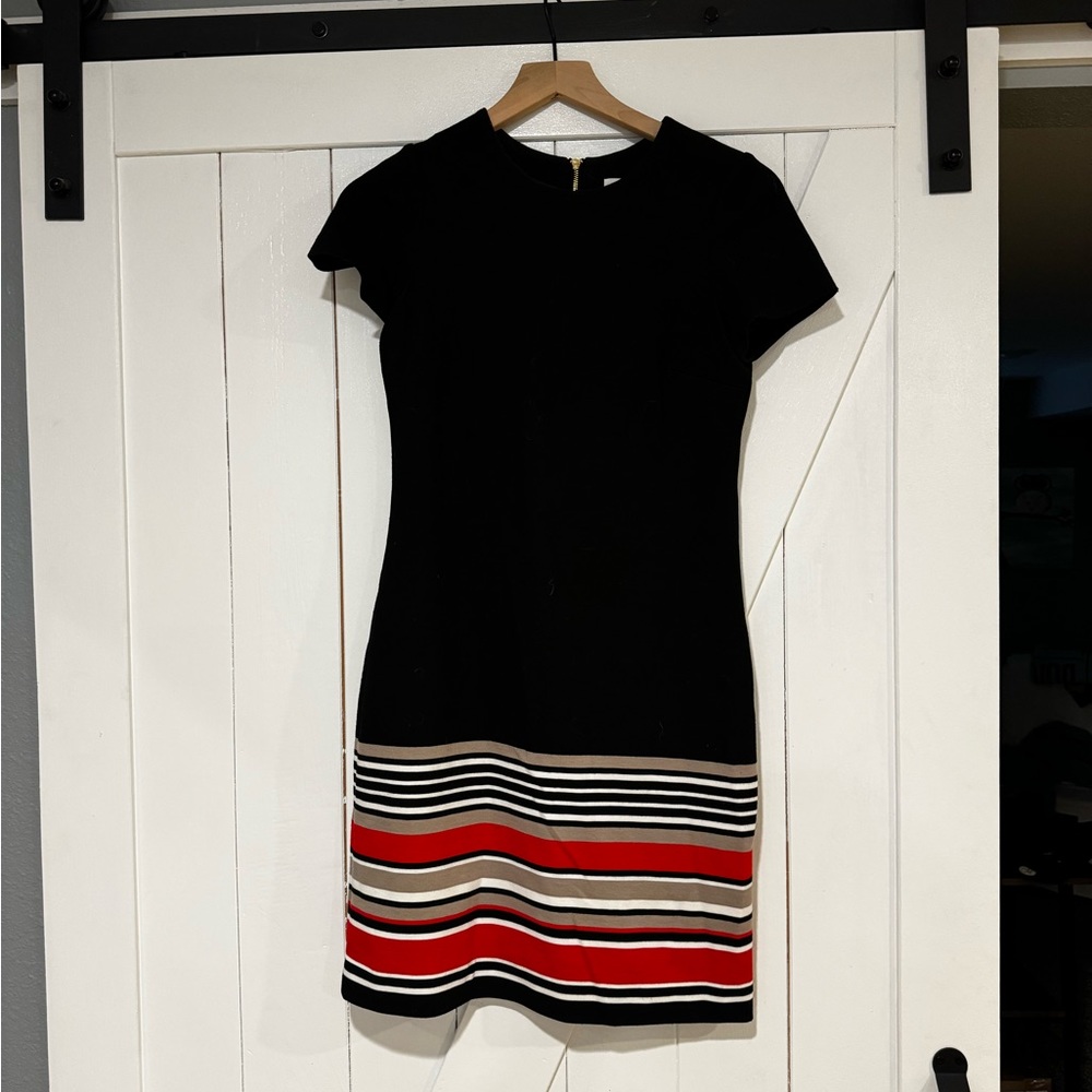 Calvin Klein short sleeve black sheath dress with red & khaki stripes
